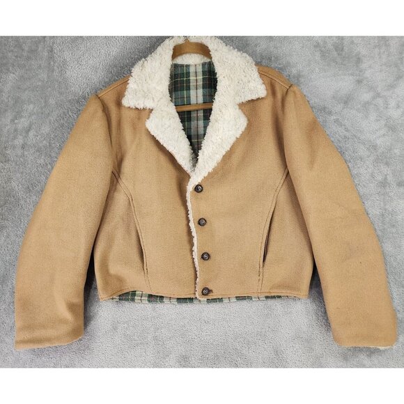 Womens Jacket Medium Tan Button Up Long Sleeve Wool Sherpa Trim 70s Vintage